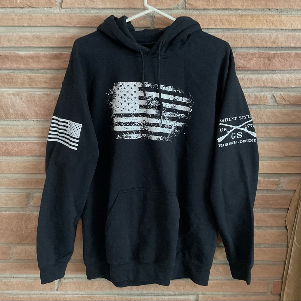 Grunt Style Black Cotton Blend Fleece Flag Hoodie Large